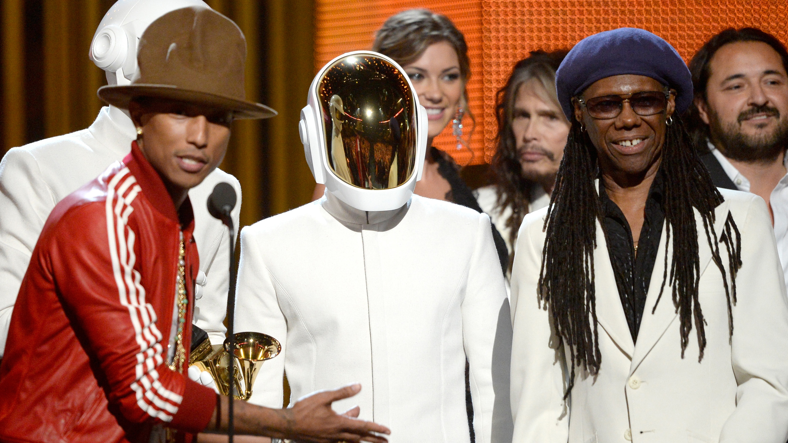 LOS ANGELES, CA - JANUARY 26:(L-R) Musicians Pharrell Williams, Thomas Bangalter and Guy-Manuel De Homem-Christo of Daft Punk, and Nile Rodgers accept the Record of the Year award for &#039;Get Lu