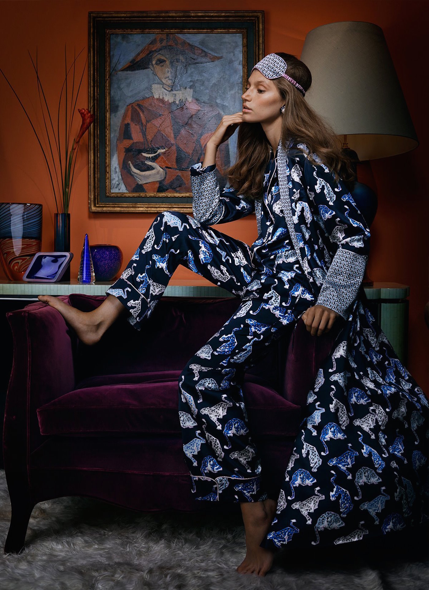 Olivia Von Halle pyjama and sleep mask on a model 