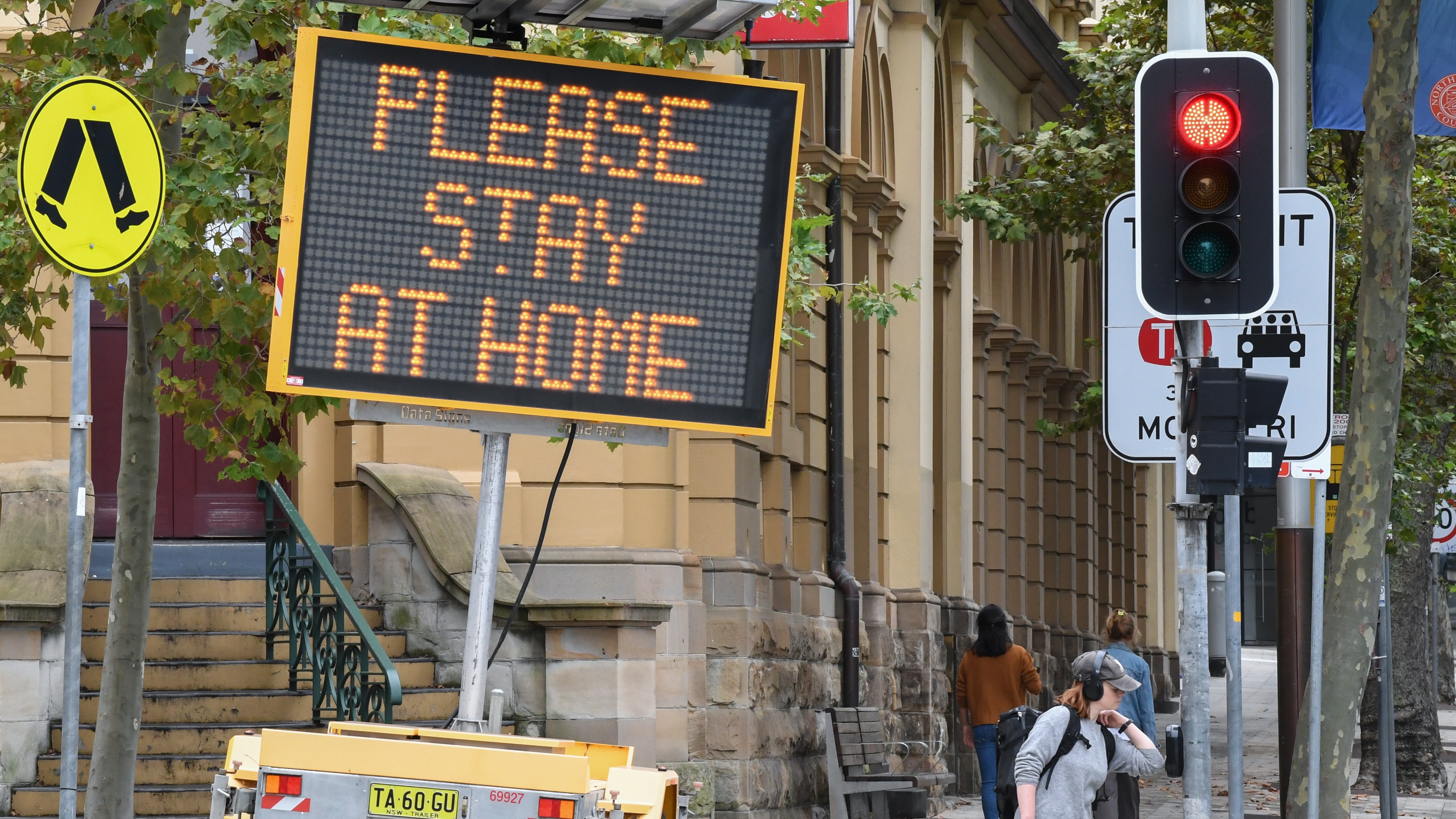 A lockdown warning sign in Tasmania, Australia