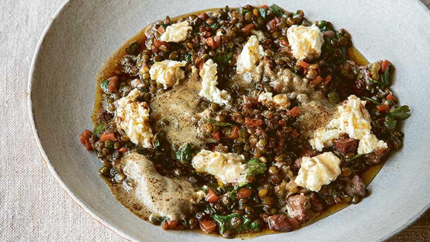 Lentil salad with whipped goat’s cheese butter recipe by James Martin 