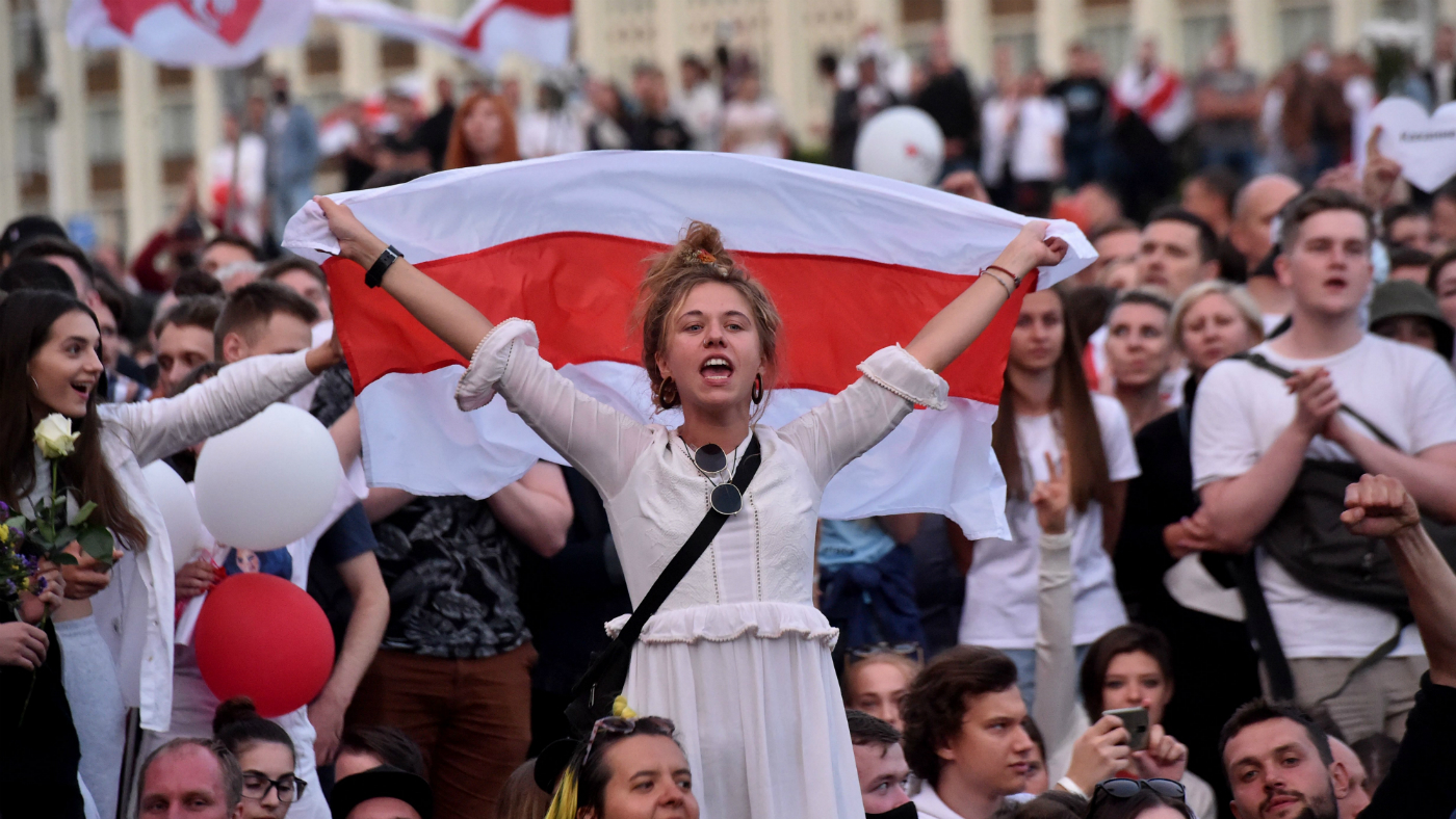 Pro-democracy protestors demonstrate in Minsk, Belarus.