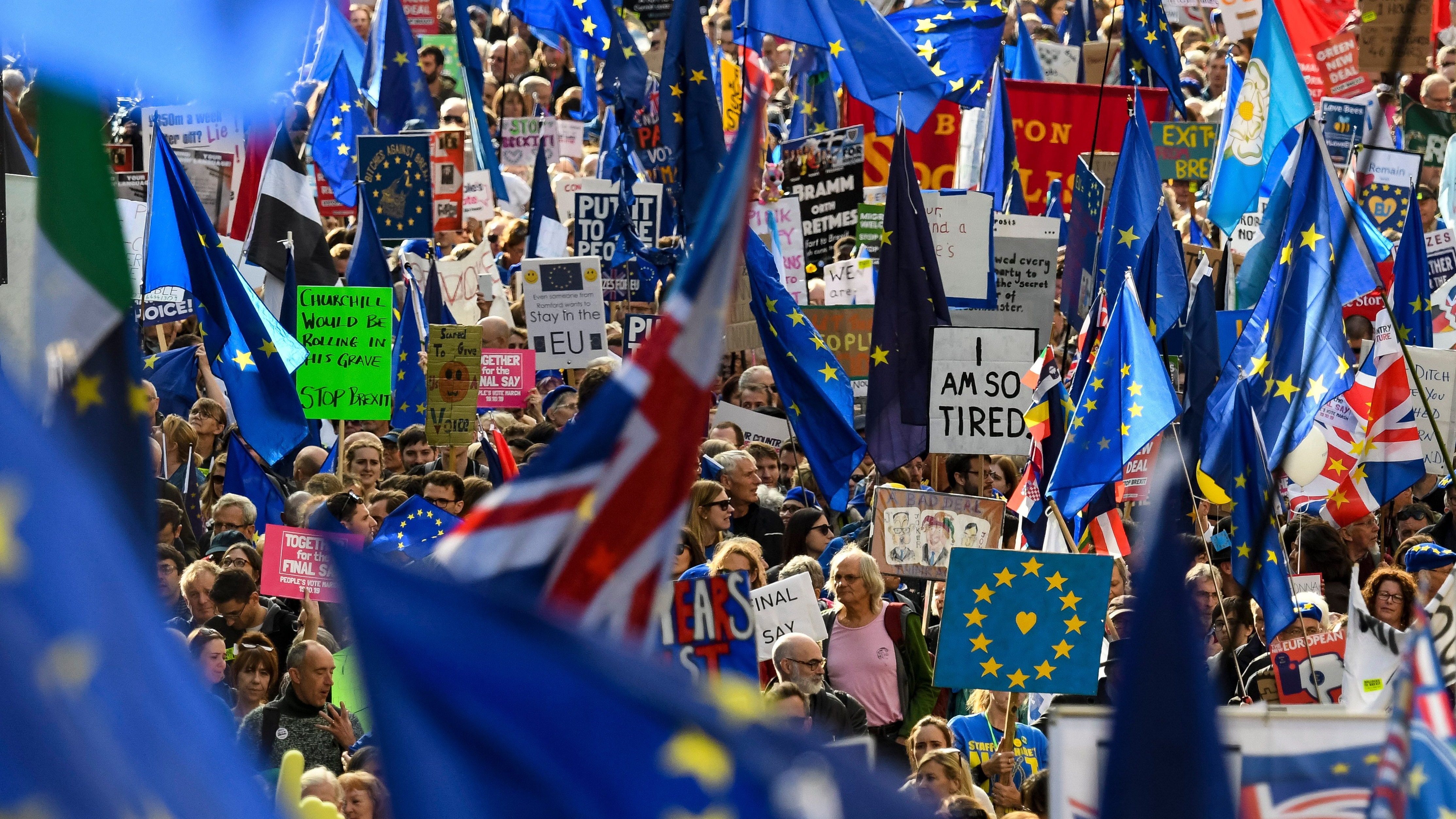 Demonstrators hold placards and EU flags as they take part in a march by the People&#039;s Vote organisation.