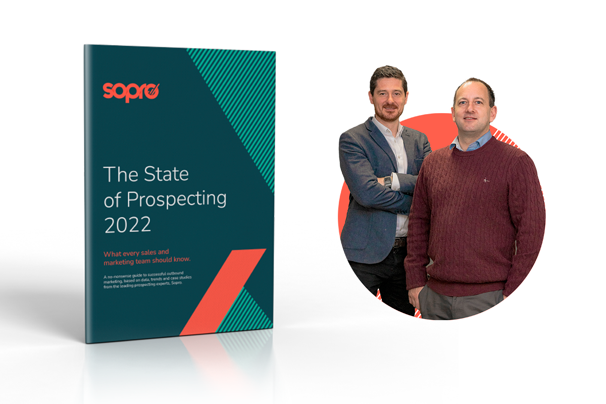 A copy of a bound report titled &#039;The state of prospecting in 2022&#039; with two men in a roundel to the right