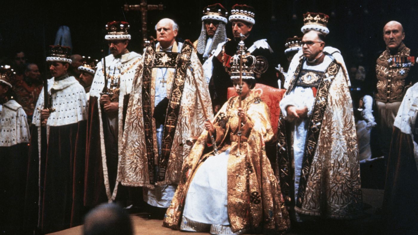 Queen Elizabeth II after her coronation ceremony in Westminster Abbey
