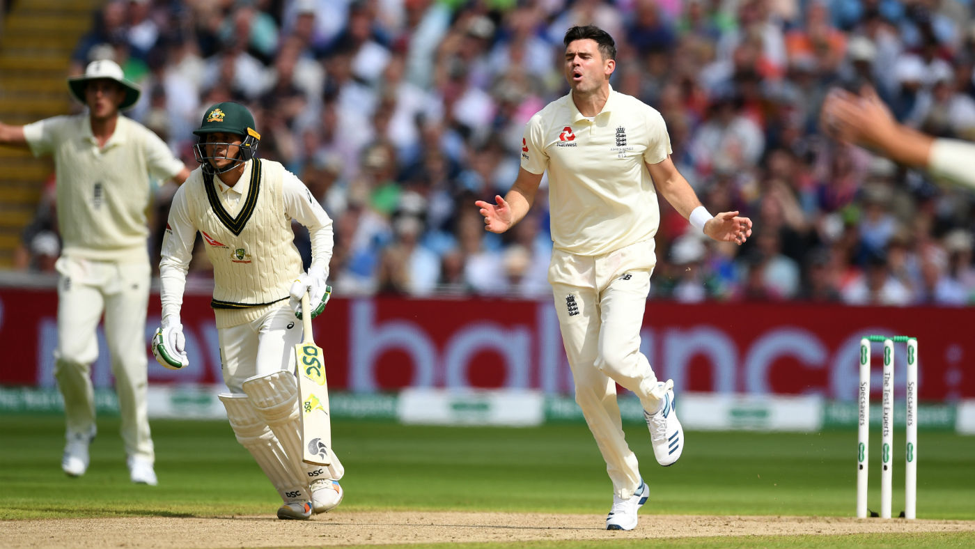 England’s Jimmy Anderson bowls against Australia in the first Ashes Test at Edgbaston