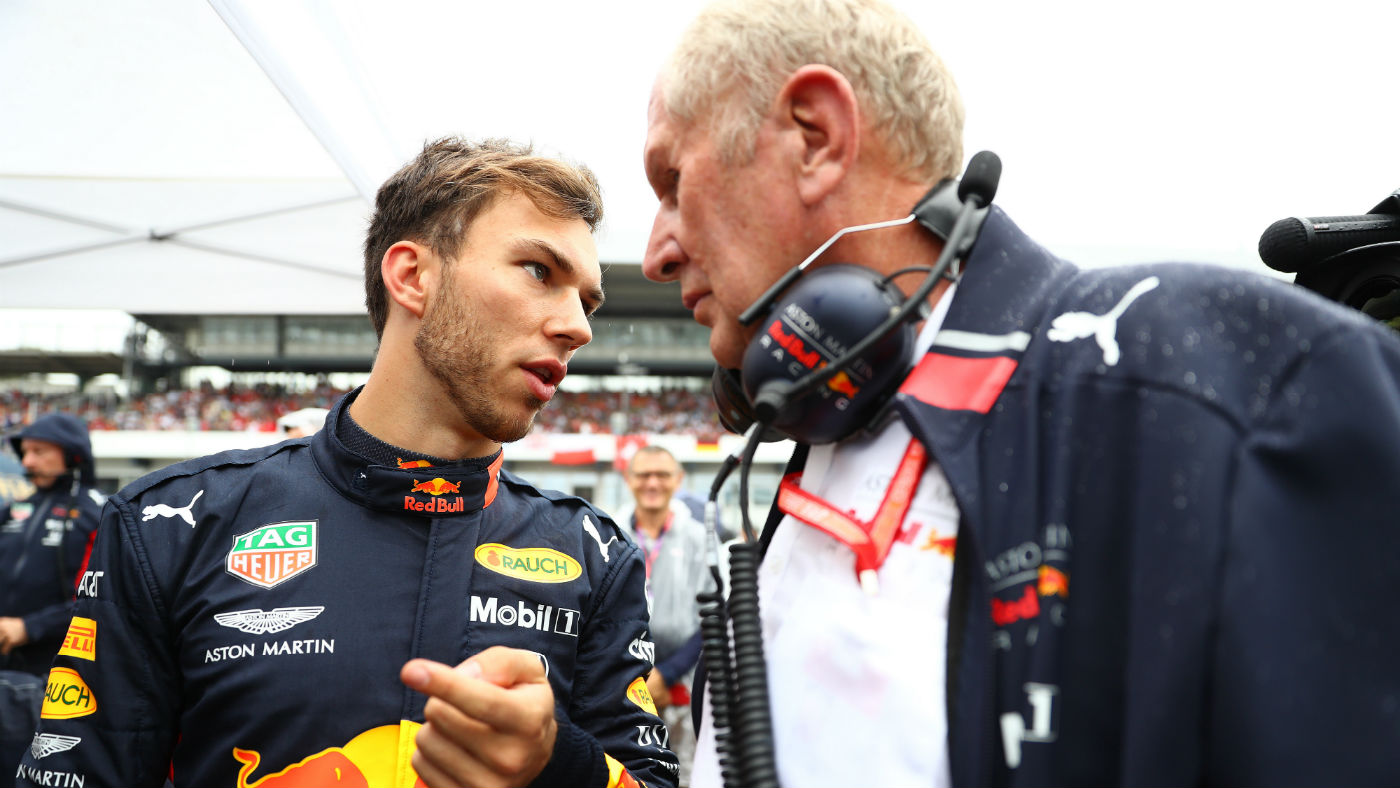 French F1 driver Pierre Gasly talks with Red Bull Racing consultant Dr Helmut Marko