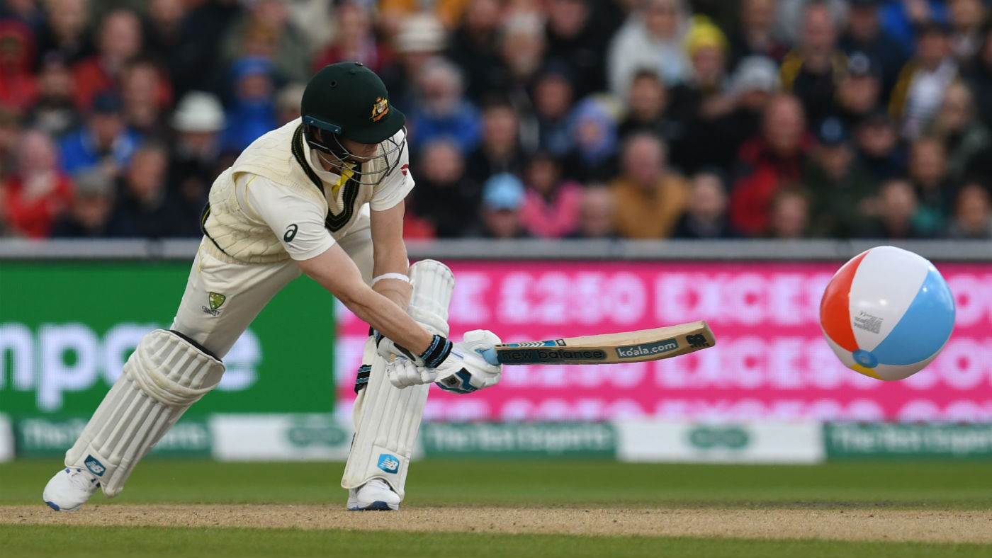 Australia’s Steve Smith hits a beach ball on day one of the Old Trafford Ashes Test