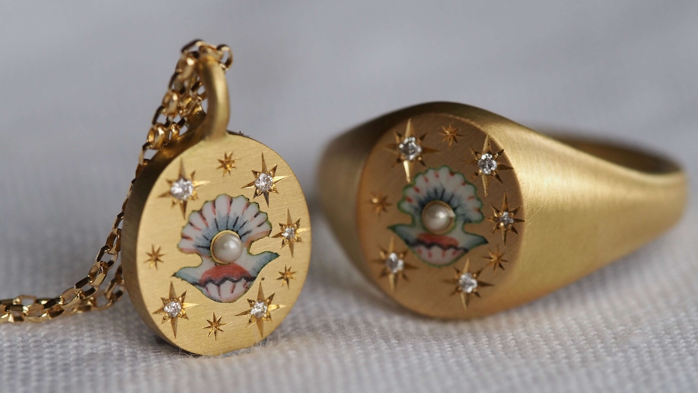 Cece&#039;s Clam &amp; Pearl 18ct ring with enamel and star set diamonds, £2860. Matching necklace, £1950