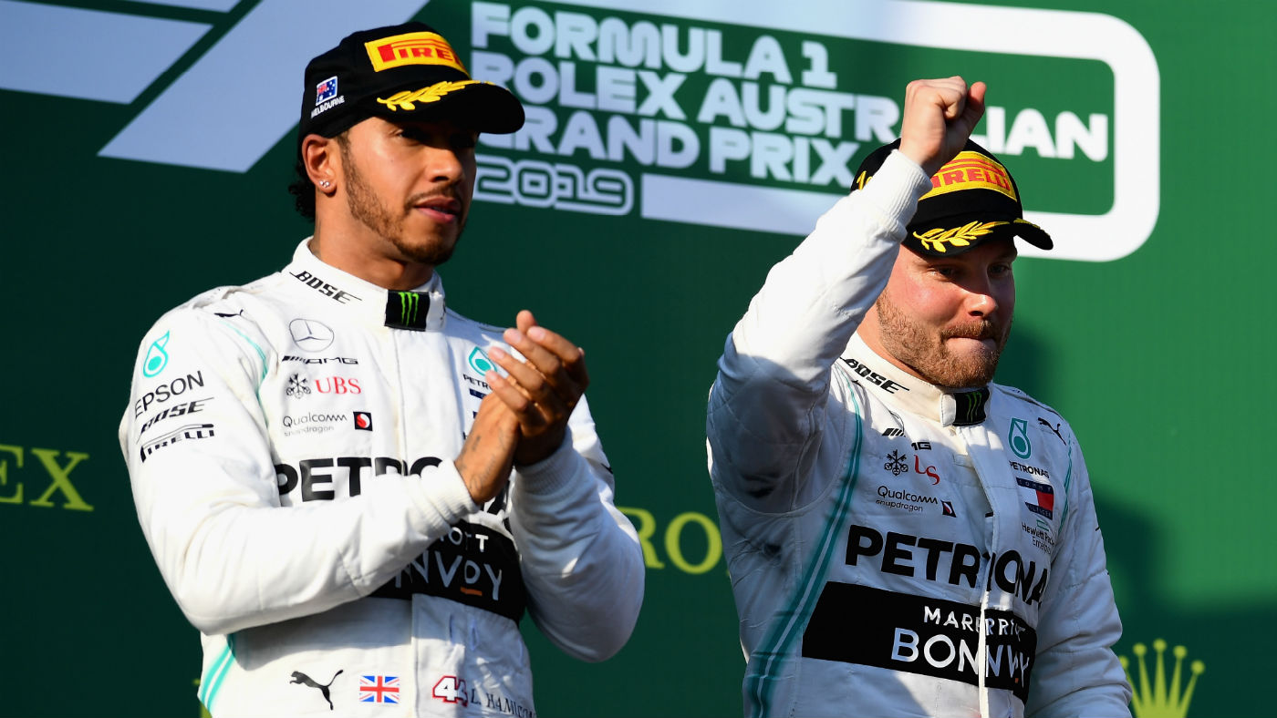 Lewis Hamilton (left) finished second behind Mercedes team-mate Valtteri Bottas at the 2019 F1 Australian Grand Prix