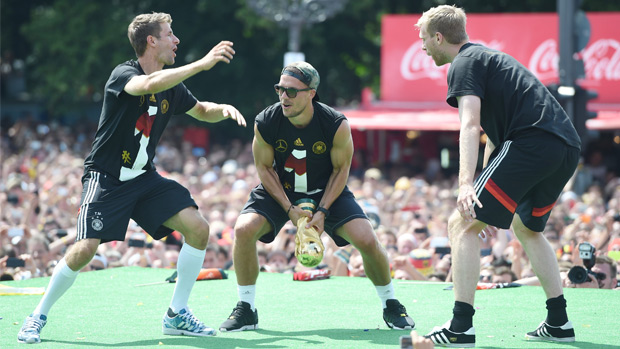 Members of Germany&#039;s World Cup winning squad celebrate in Berlin