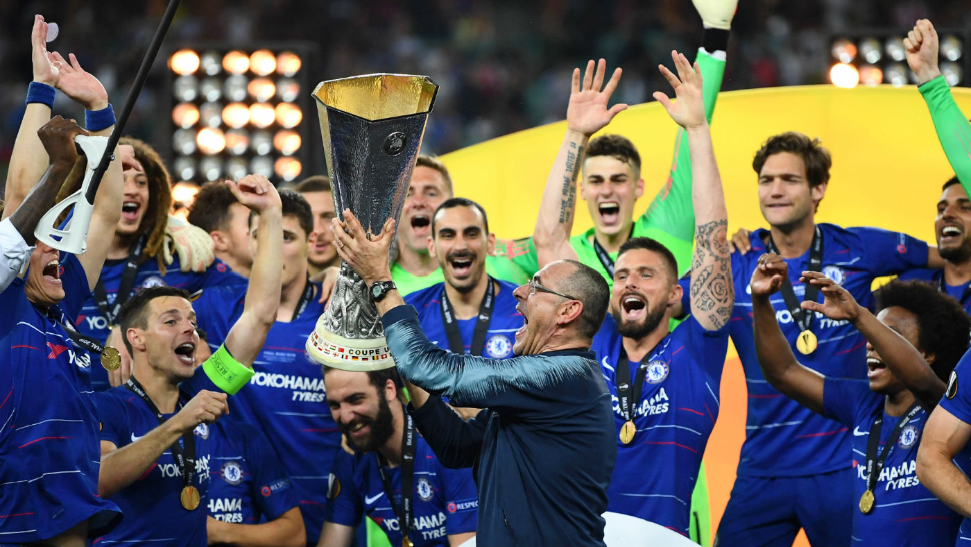 Chelsea manager Maurizio Sarri celebrates with the Europa League trophy in Baku