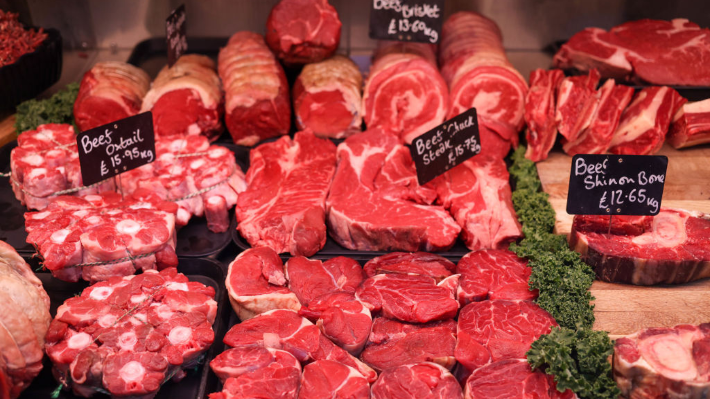 Meat stacked up in butchers window