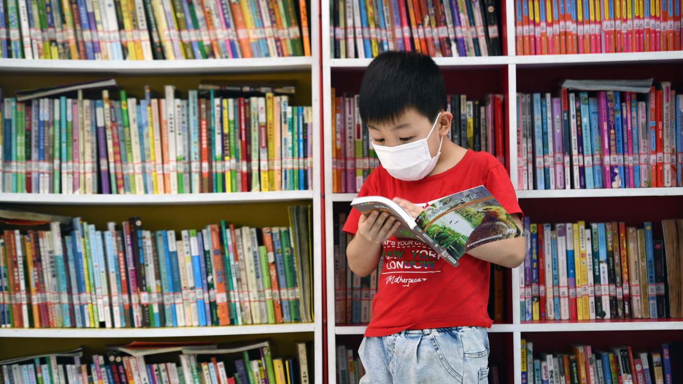 Child reads book in library