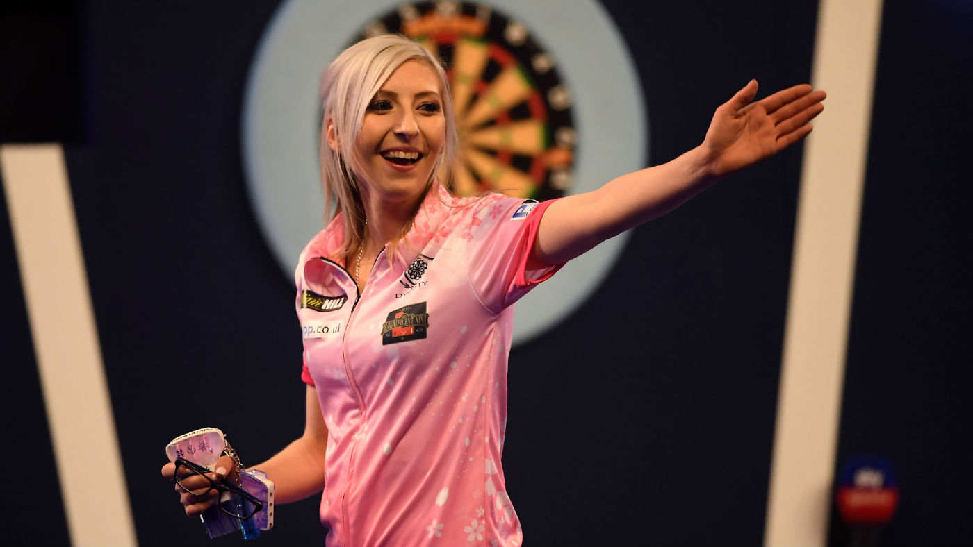 Fallon Sherrock reacts after beating Ted Evetts at the PDC World Darts Championships