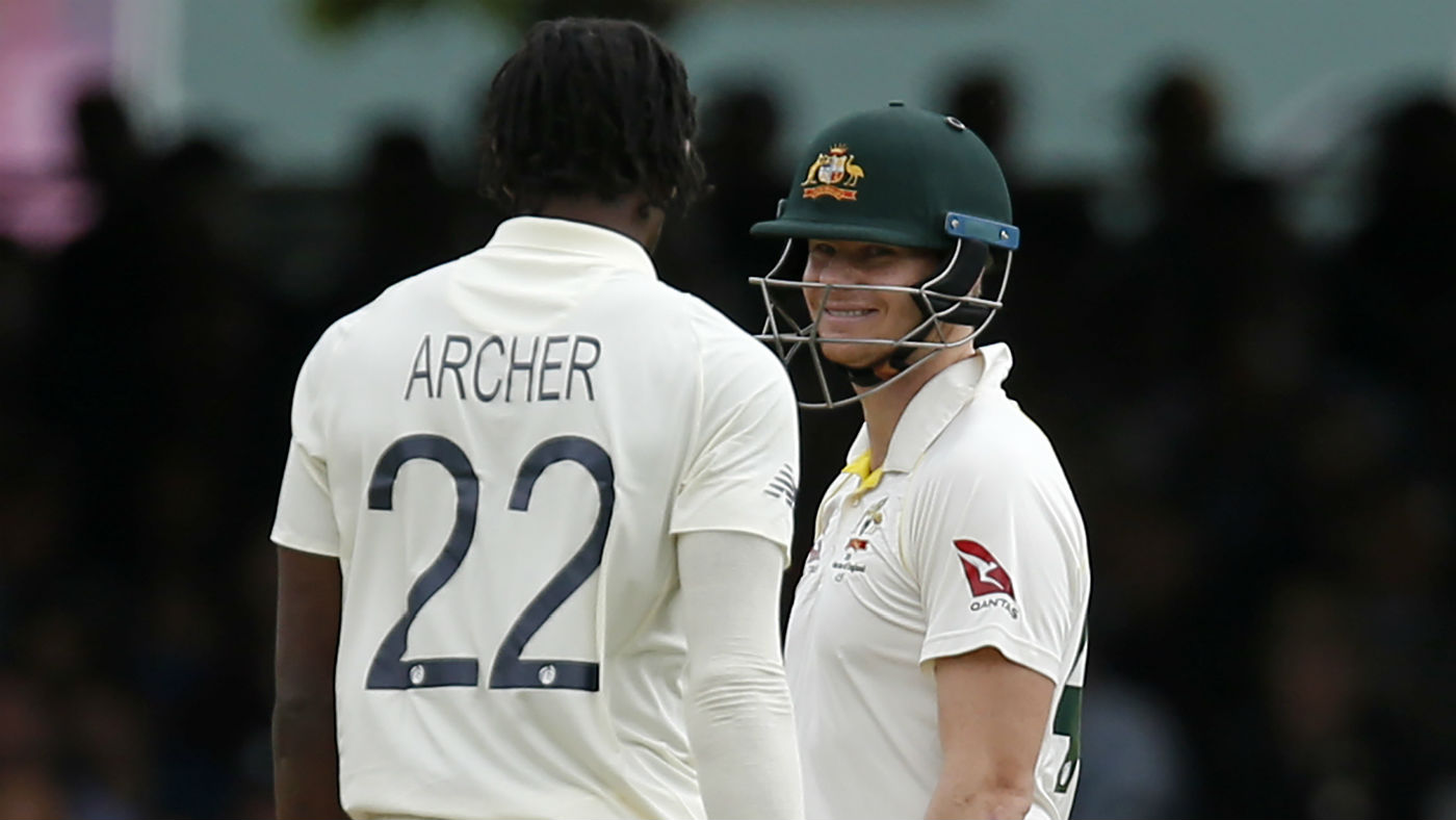 Australia’s Steve Smith smiles at England’s Jofra Archer during the Lord’s Test  