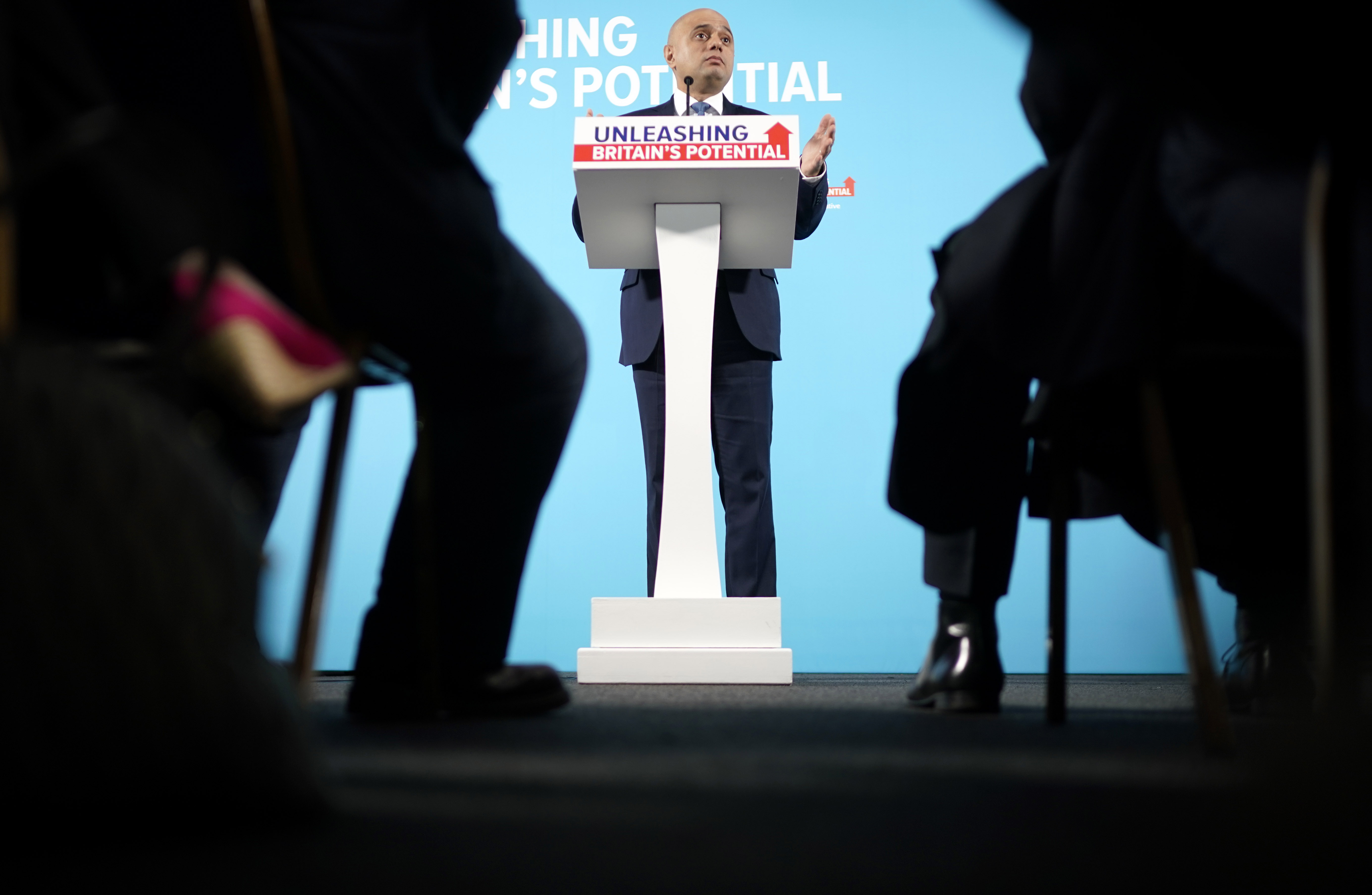 MANCHESTER, ENGLAND - NOVEMBER 07: Sajid Javid delivers a speech on the Conservative Party&#039;s plans for the economy at the Airport Runway Visitor Park at Manchester Airport on November 7, 2019