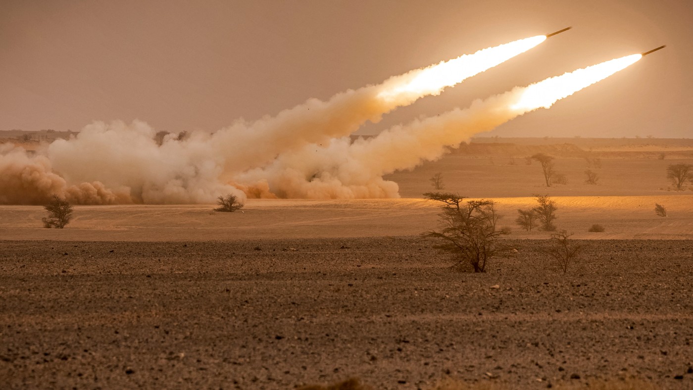 US M142 High Mobility Artillery Rocket System launchers fire salvoes during a military exercise in Morocco