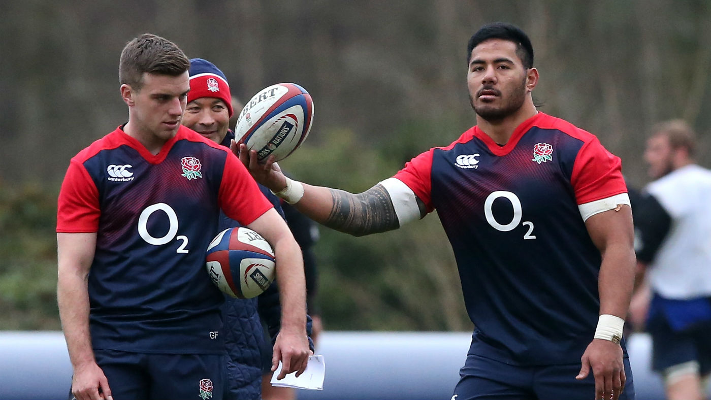 George Ford and Manu Tuilagi take part in an England rugby training session
