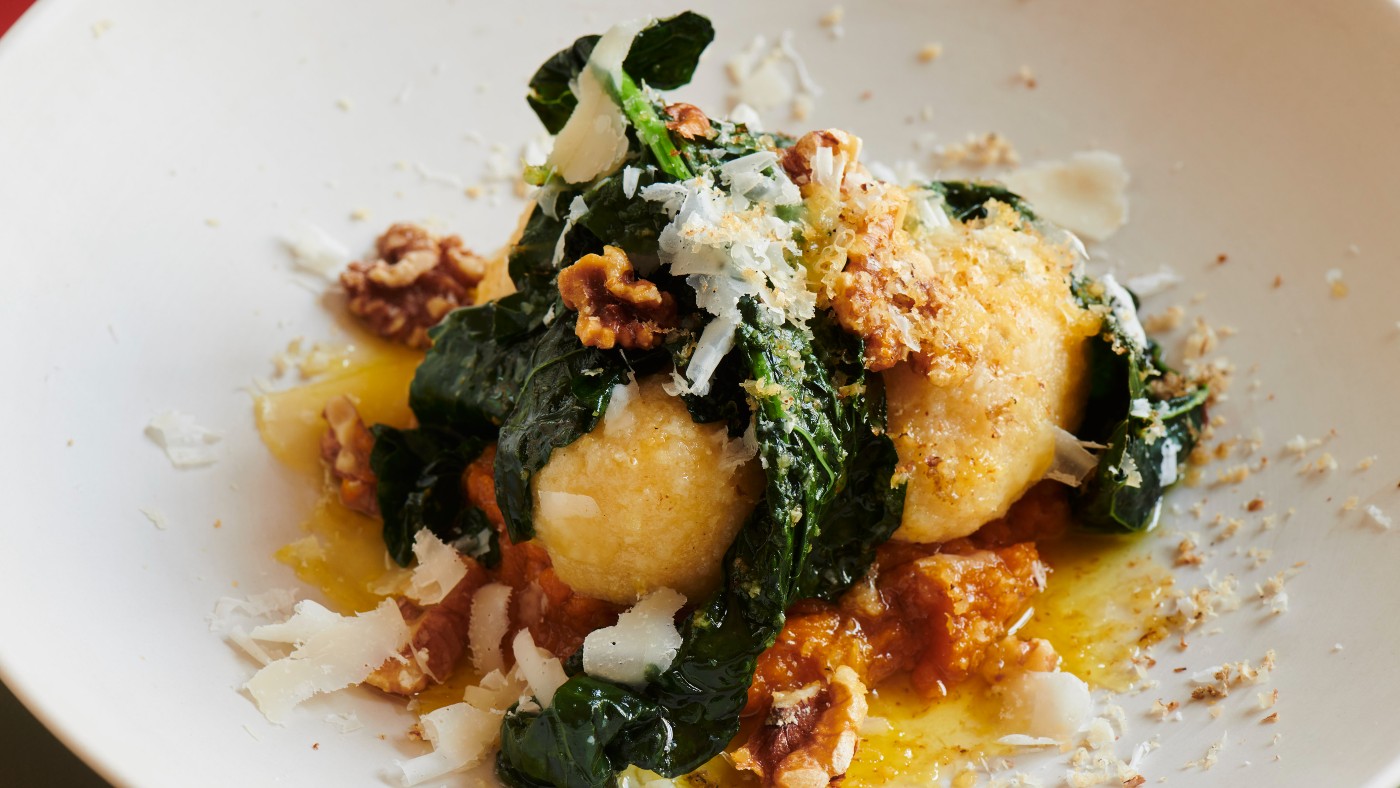 Gnudi with roasted tomatoes and pine nuts