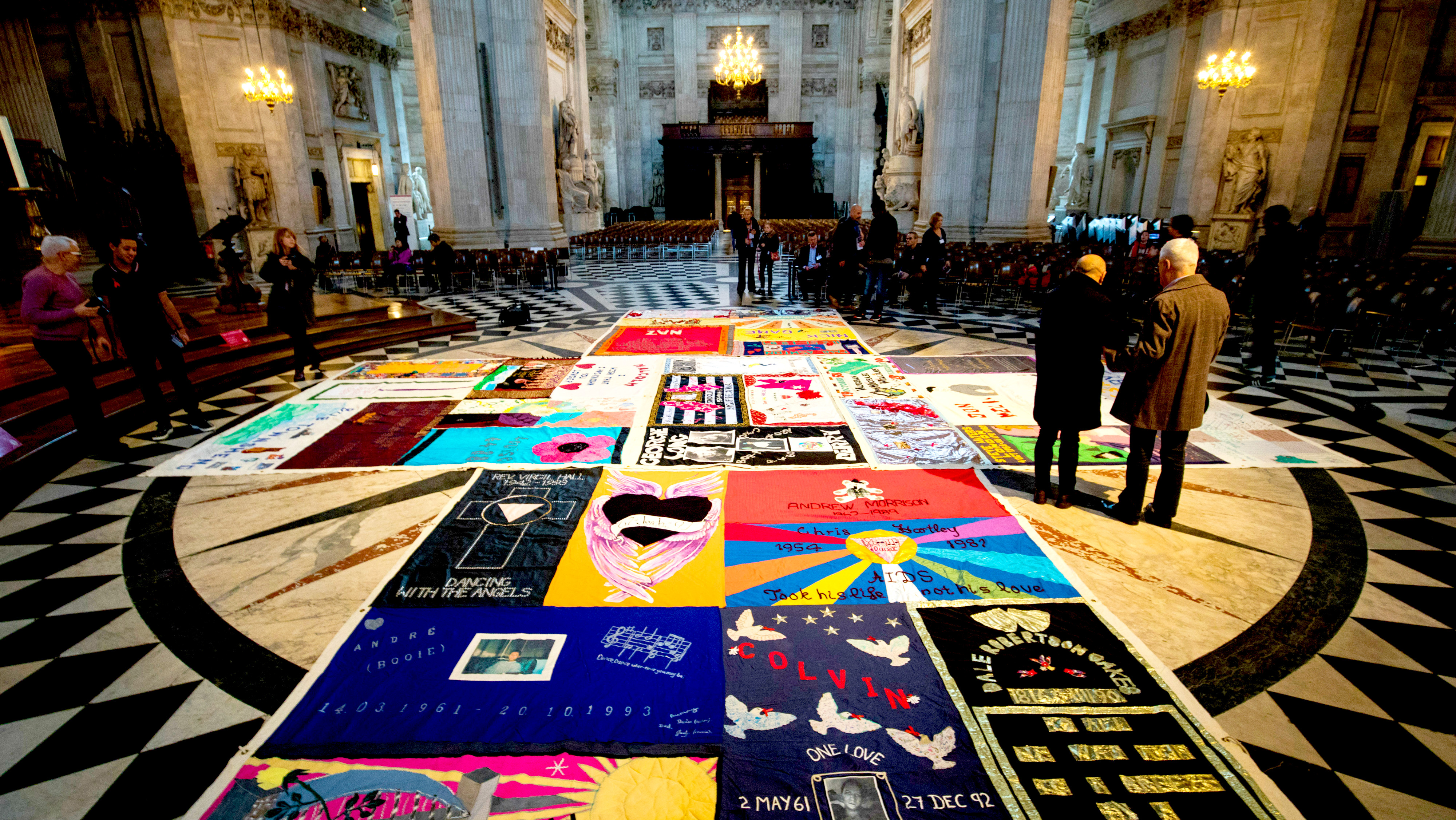The UK Aids Memorial Quilt, in honour of those who lost their lives to the illness, on display at St Paul&#039;s Cathedral, London