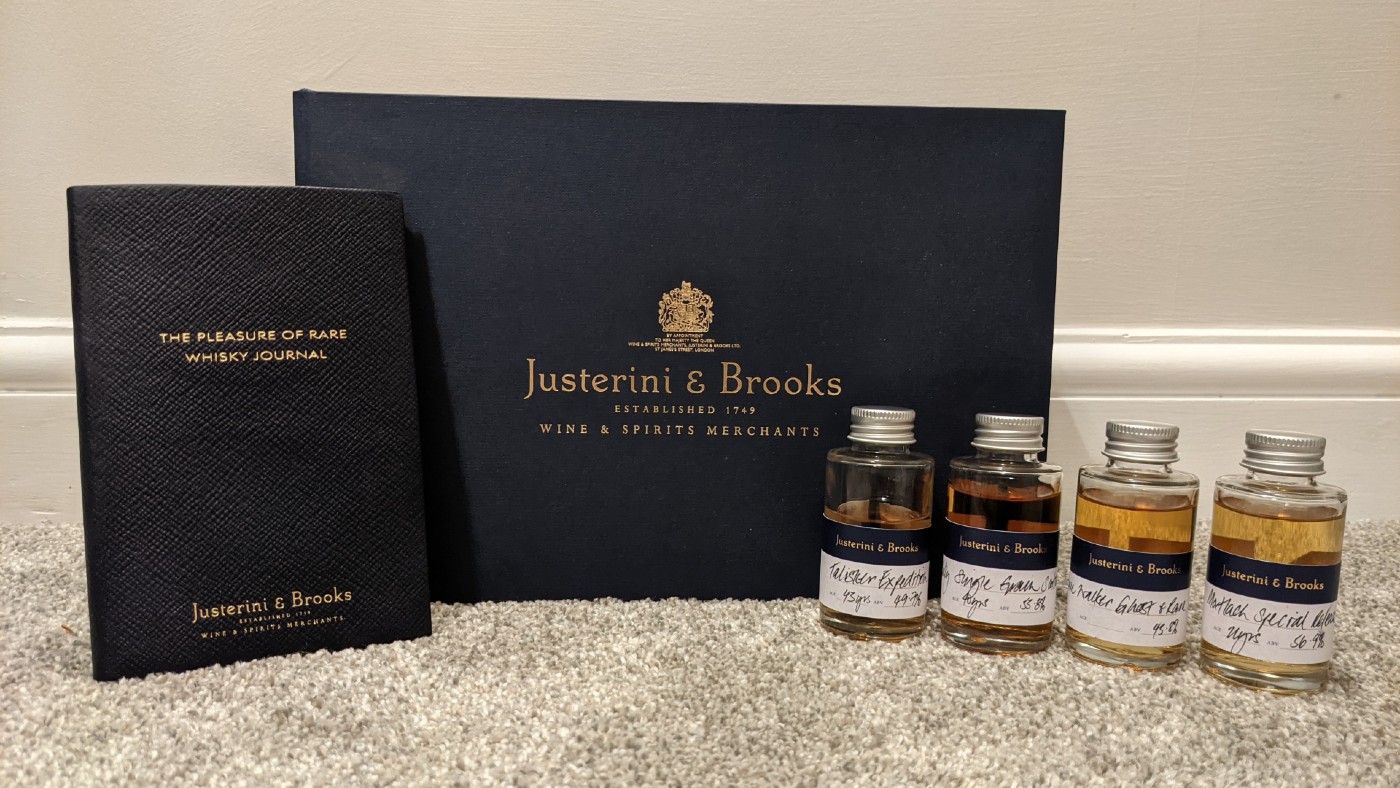 The Justerini &amp; Brooks presentation box, whiskies and Smythson tasting journal