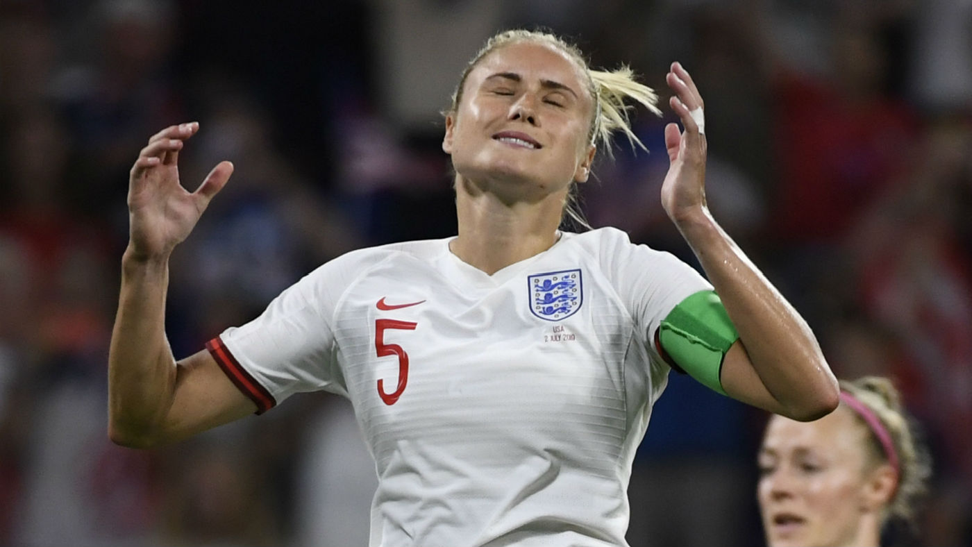 England captain Steph Houghton reacts after missing the penalty against the United States