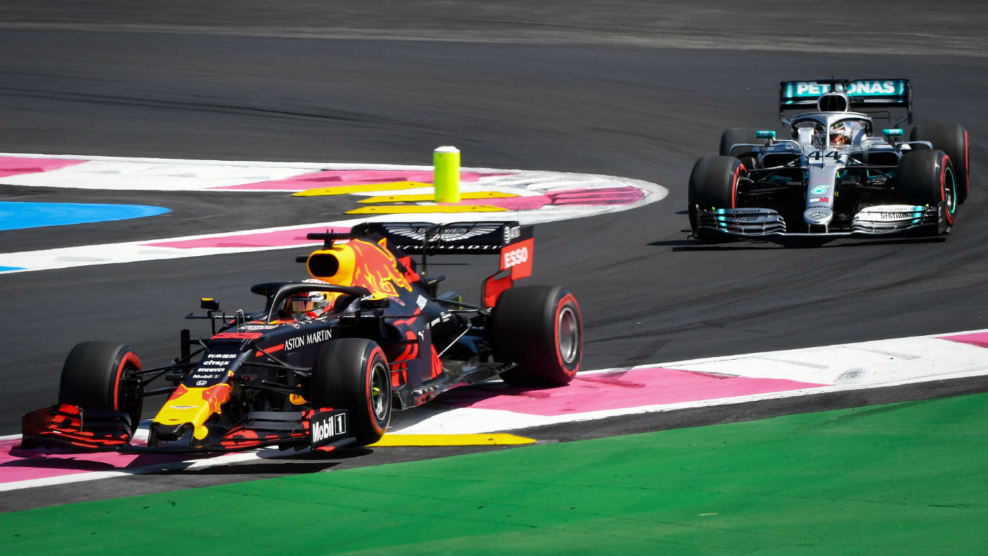 Red Bull’s Max Verstappen races against Mercedes driver Lewis Hamilton at the 2019 F1 French Grand Prix
