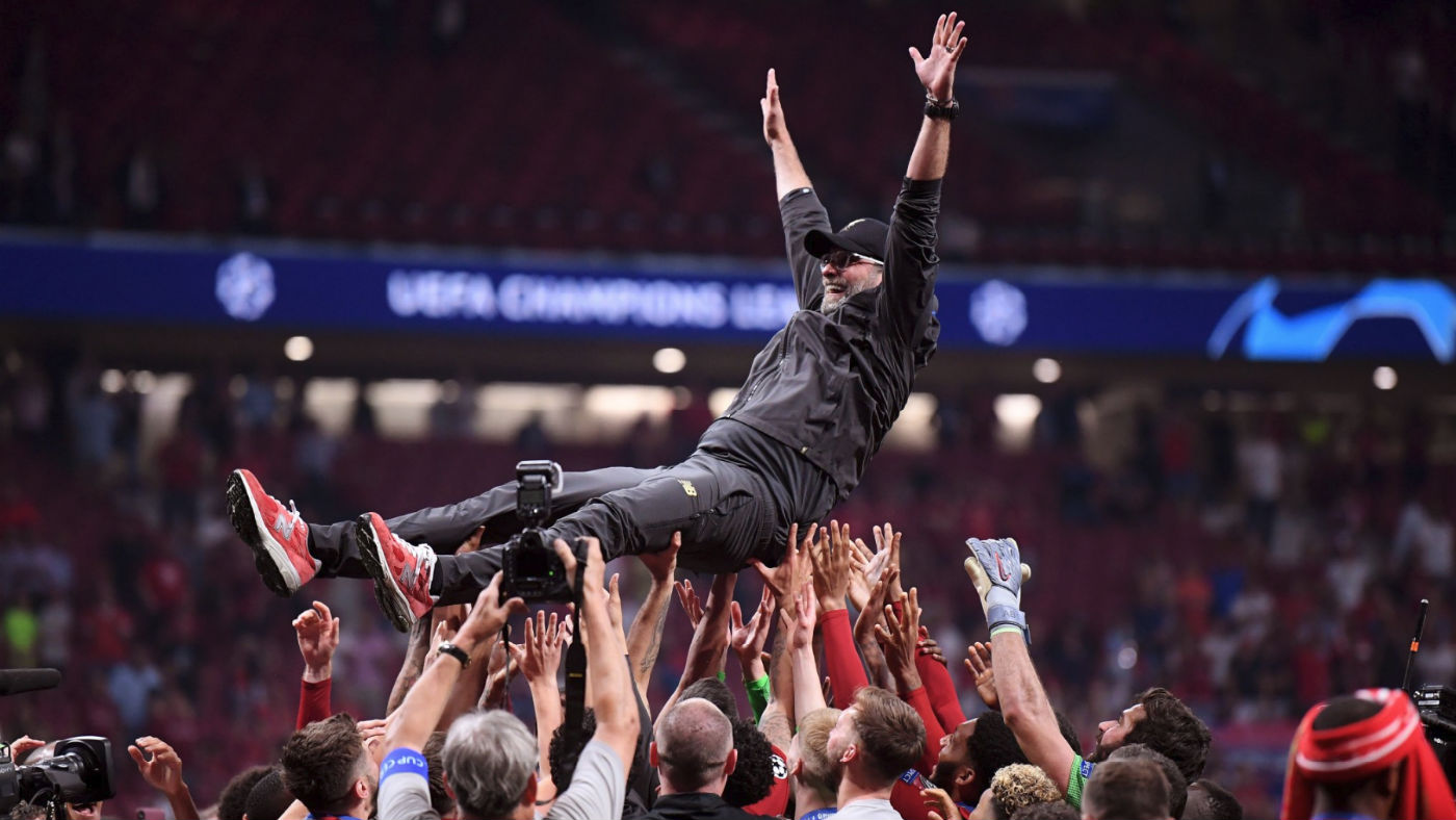 Liverpool boss Jurgen Klopp celebrates winning the Champions League in 2019